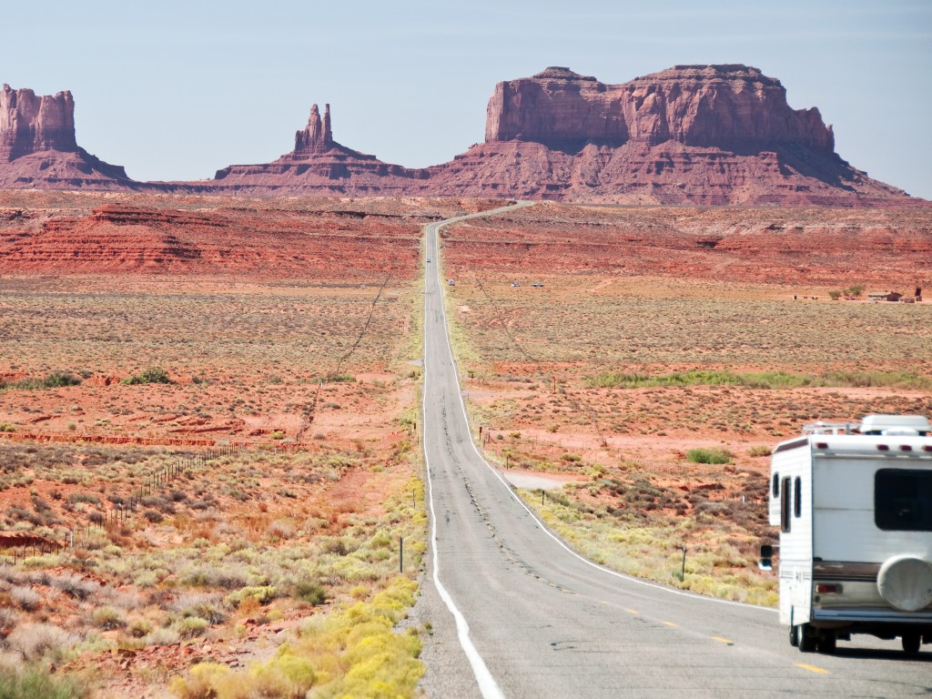 RV Driving down the road in Monument Valley, Utah