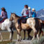 people riding horses in front of mountains