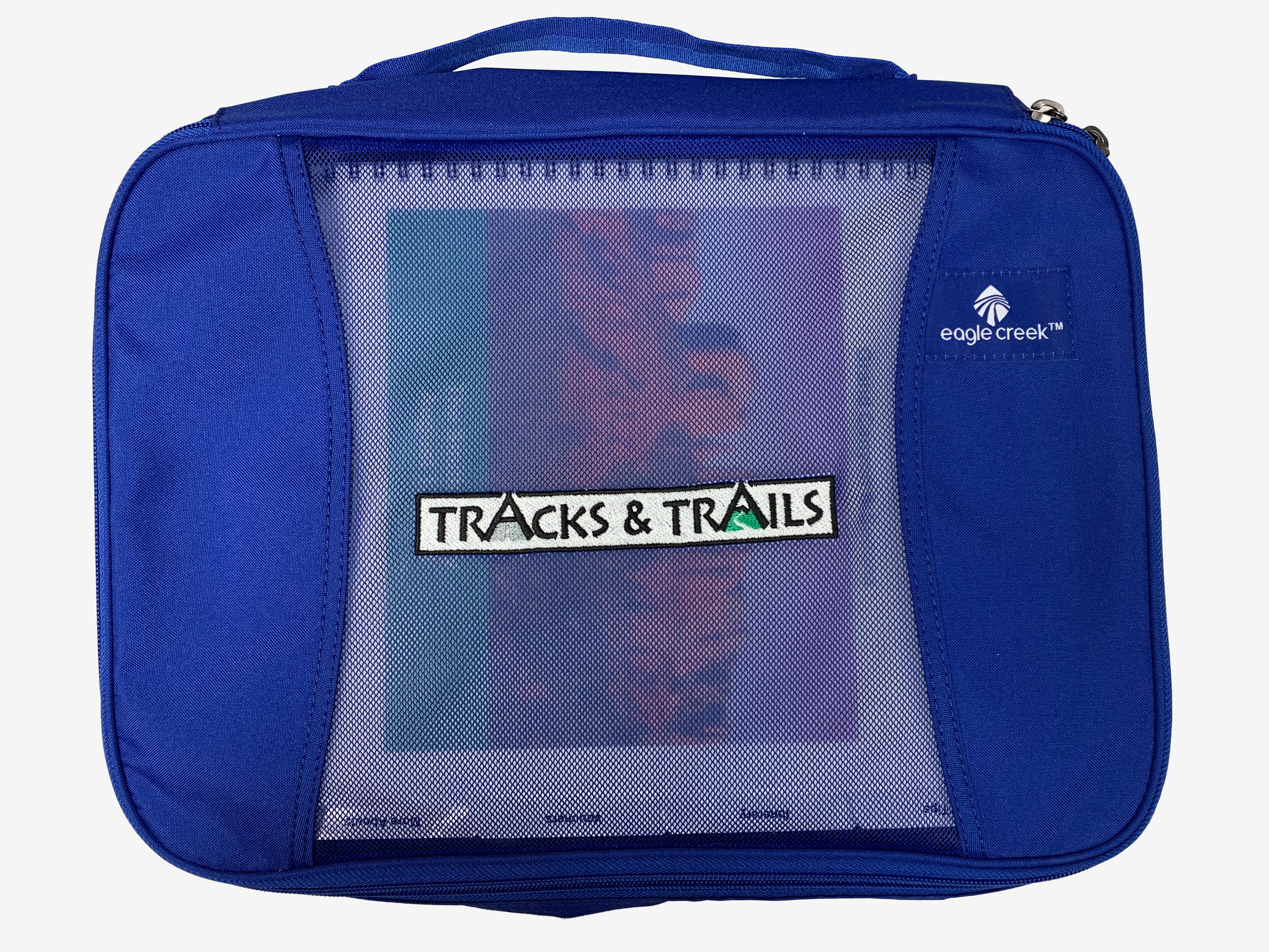 Tracks & Trails blue bag holding pamphlets