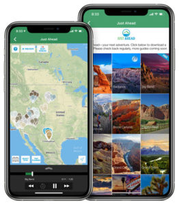 Screenshots of Just Ahead National Parks app on an iPhone
