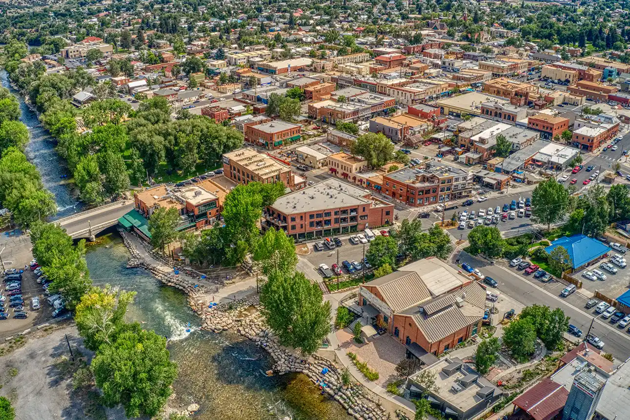 birds eye view of downtown Salida, Colorado next to the Arkansas River