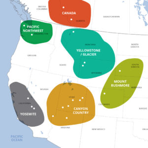 map of the Western United States showing the location of Tracks & Trails trip regions indicated by colorful blobs